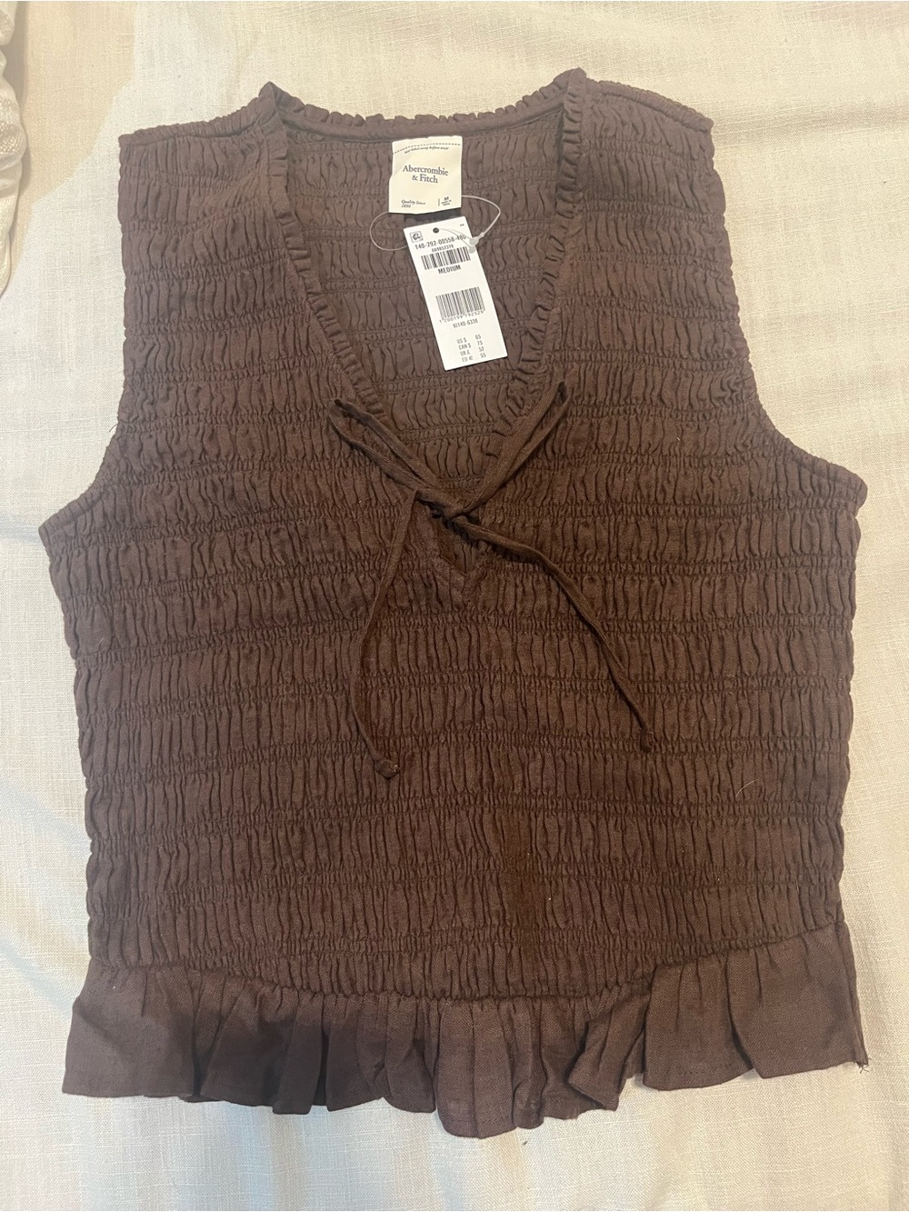 Abercrombie & Fitch Chocolate Brown Smocked V-Neck Tank with Tie